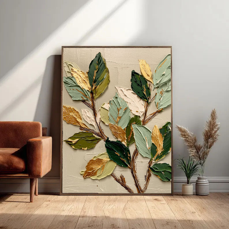 3D-Textured Art | Gilded Leaf Cluster Botanical Textured Wall Art