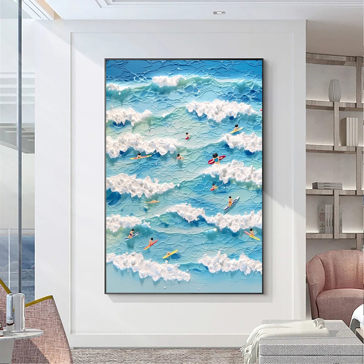 3D-Textured Art | Tiny Wave Surfers Coastal Textured Wall Art