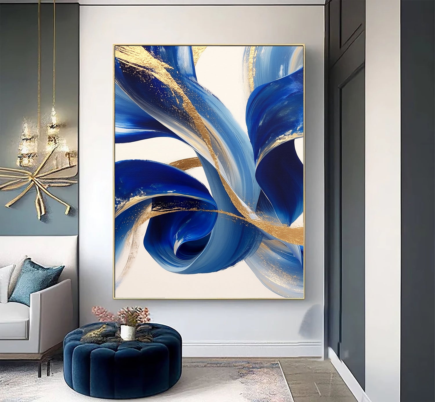 Contemporary Luxe Art | Cobalt Gold Swirl Gold Accent Luxury Wall Art
