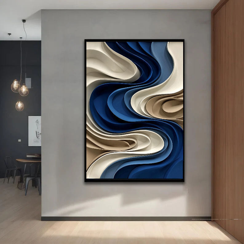 3D-Textured Art | Indigo Wave Relief Coastal Textured Wall Art
