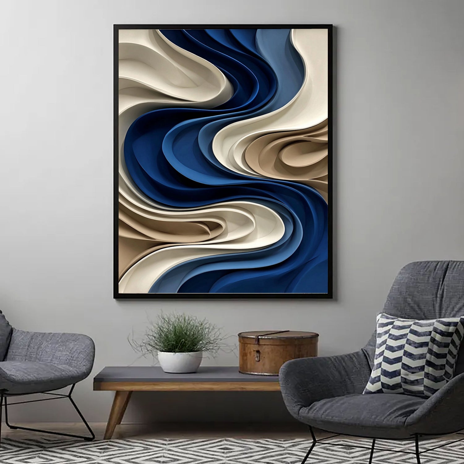 3D-Textured Art | Indigo Wave Relief Coastal Textured Wall Art
