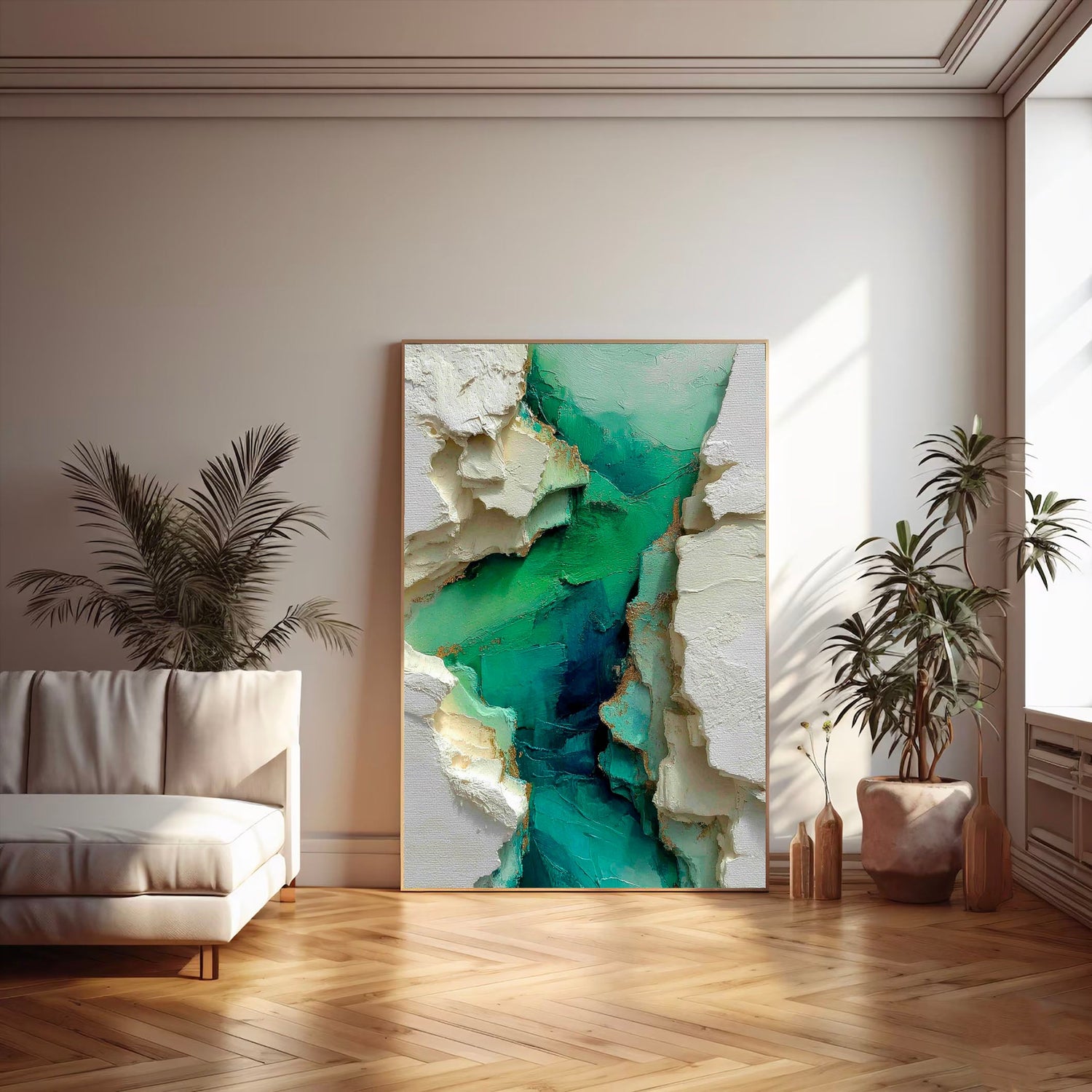 3D-Textured Art | Emerald Fractured Strata Modern Textured Wall Art