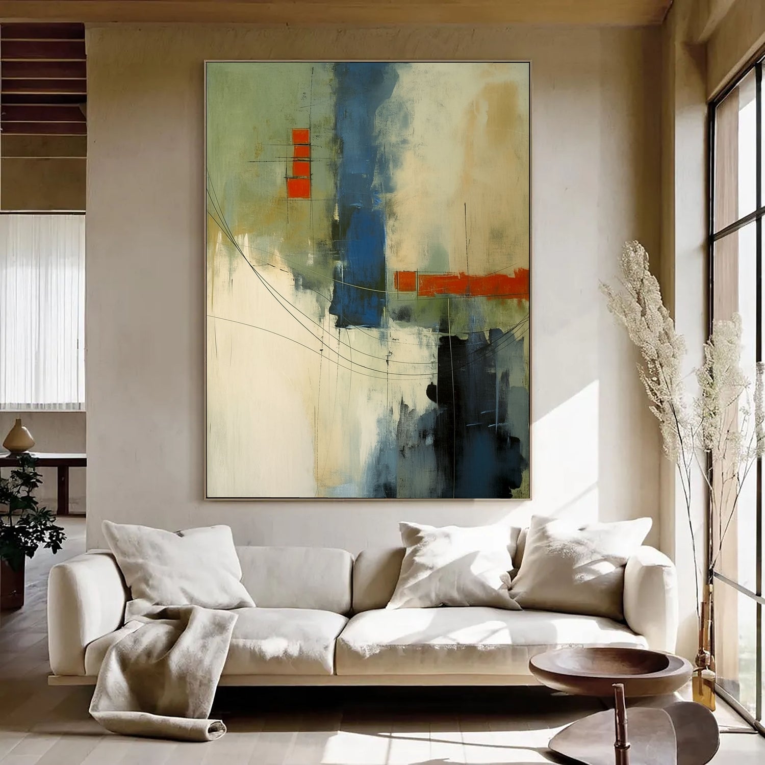 Abstract Art | Blue Orange Linework Modern Abstract Wall Decor