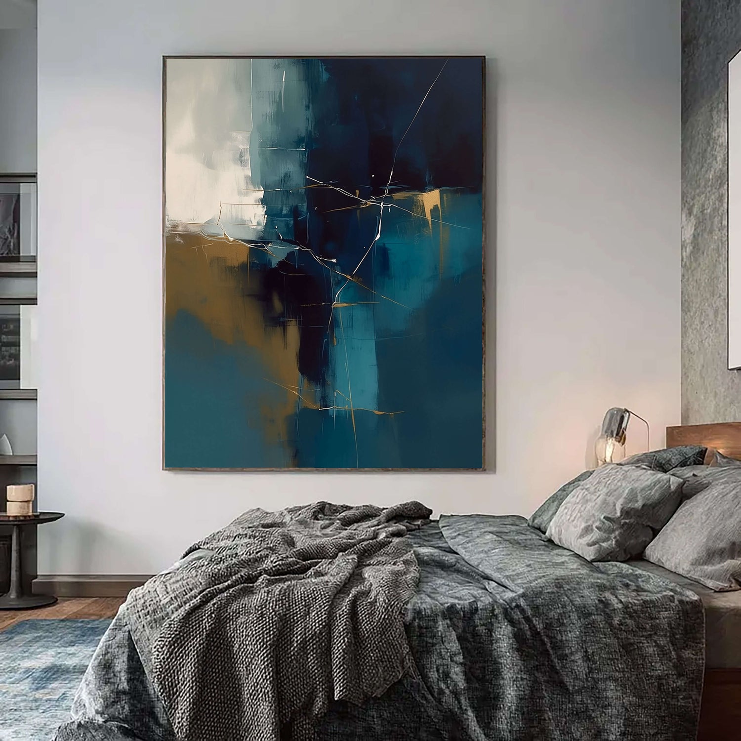 Abstract Art | Deep Blue Gold Crackle Colorful Abstract Canvas Wall Art