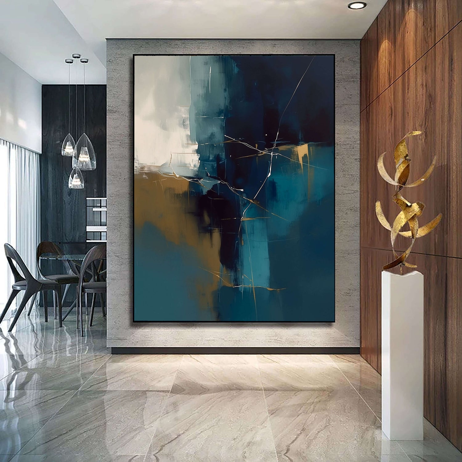 Abstract Art | Deep Blue Gold Crackle Colorful Abstract Canvas Wall Art