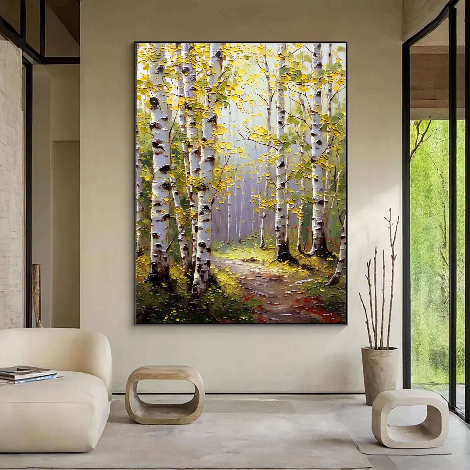 Impressionist Art | Autumn Birch Forest Path Floral Canvas Wall Art