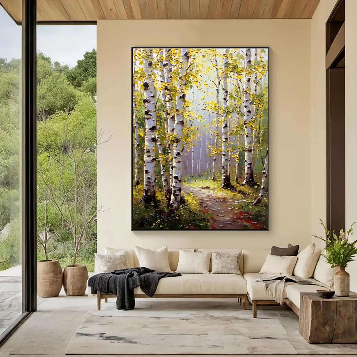 Impressionist Art | Autumn Birch Forest Path Floral Canvas Wall Art