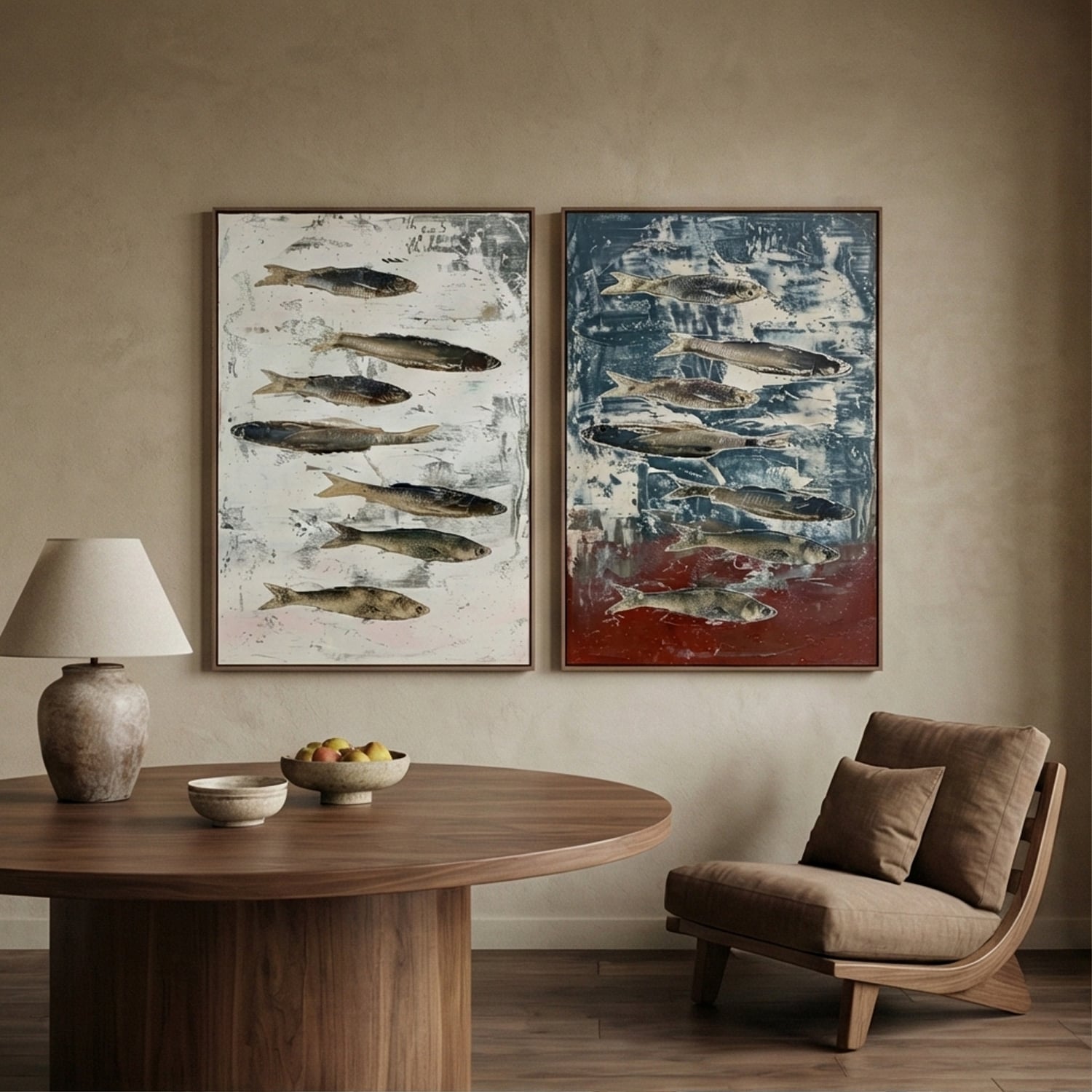 Wabi-Sabi Art | Fish Aqua Duet Minimalist Living Room Wall Decor