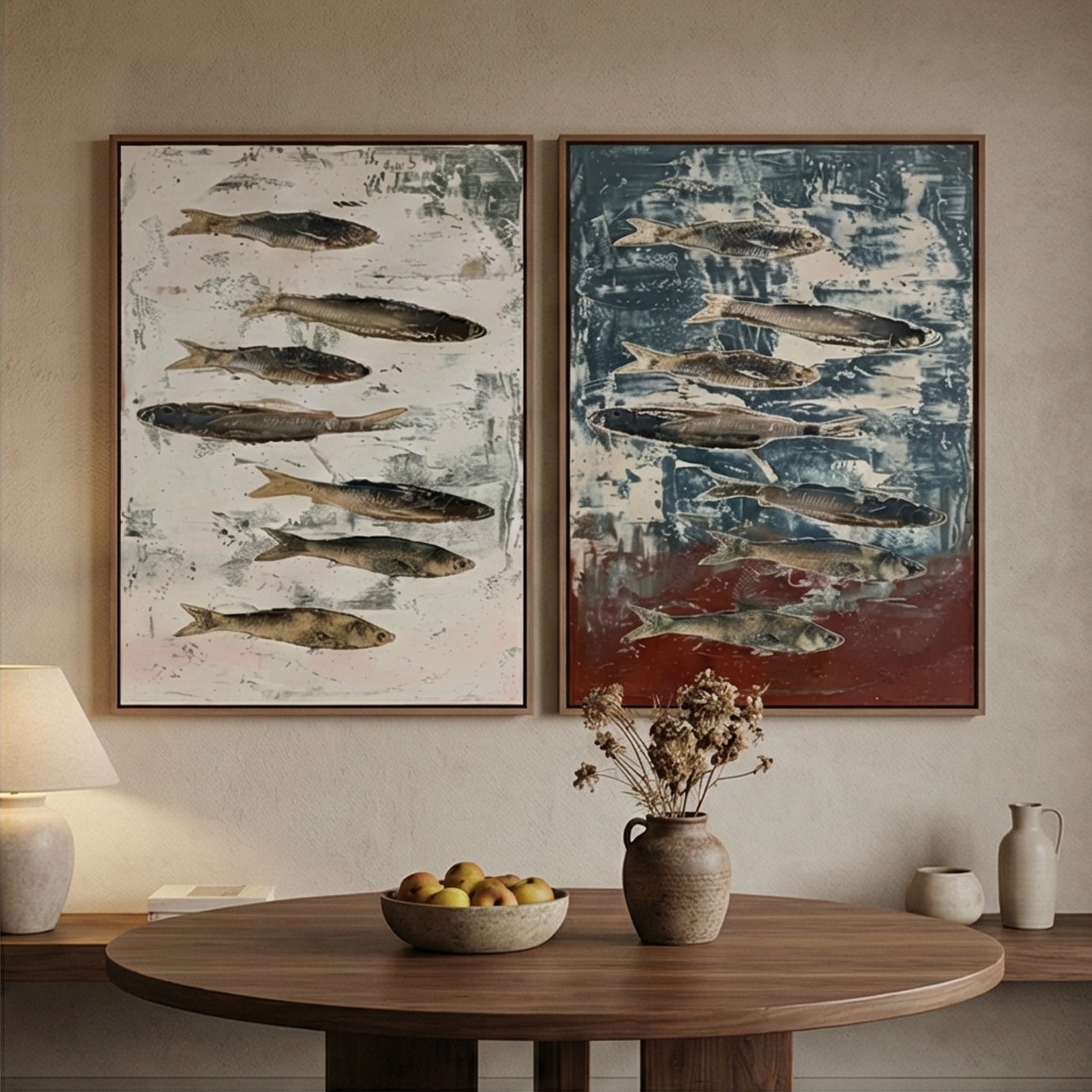 Wabi-Sabi Art | Fish Aqua Duet Minimalist Living Room Wall Decor