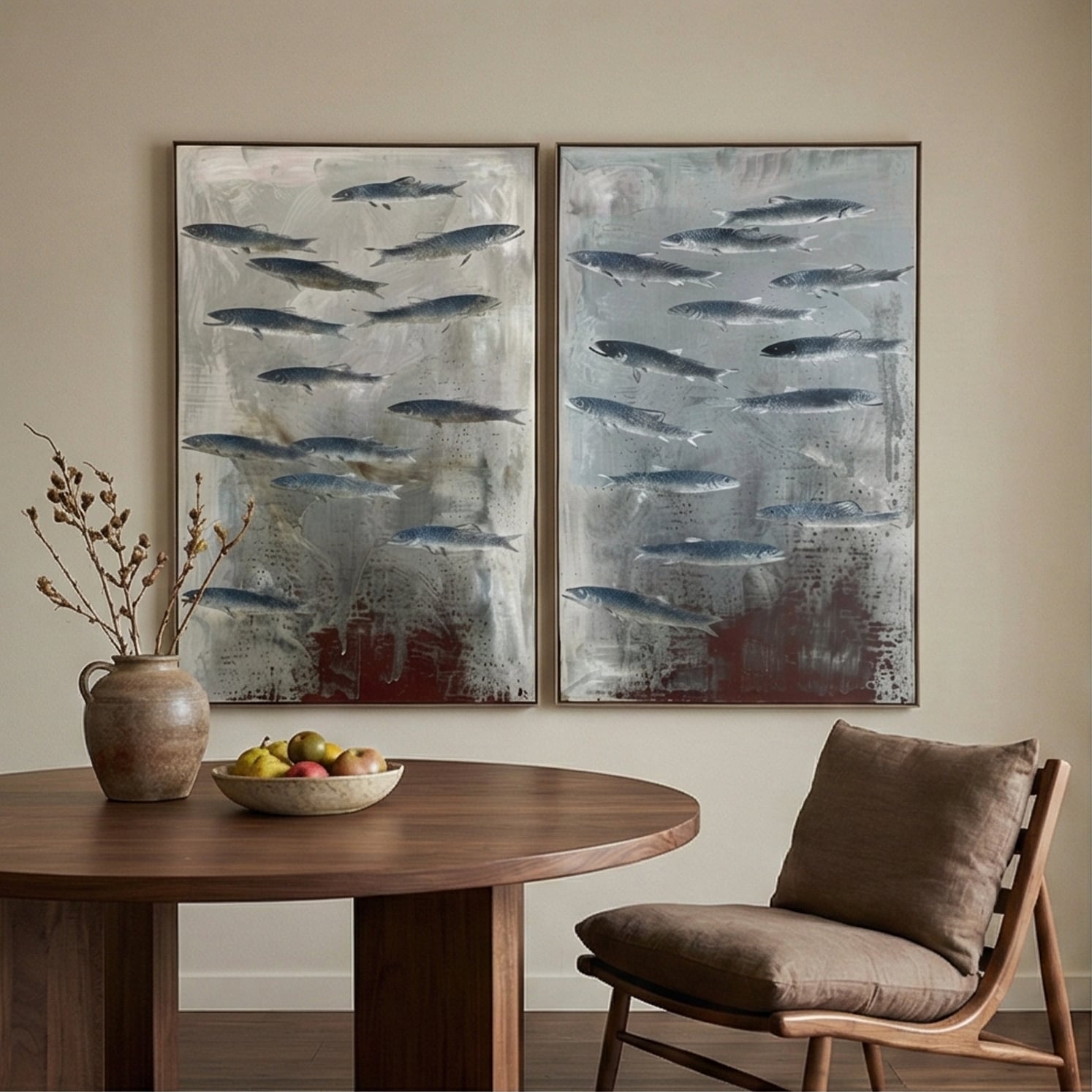 Wabi-Sabi Art | Fish Silver Shoal Flow Neutral Textured Wall Art