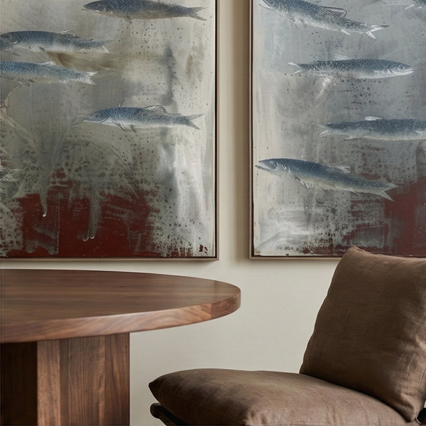 Wabi-Sabi Art | Fish Silver Shoal Flow Neutral Textured Wall Art