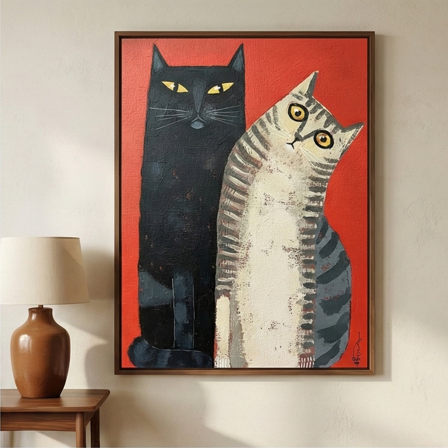 Surreal Art | Red & Cats Duo Whimsical Surreal Wall Art