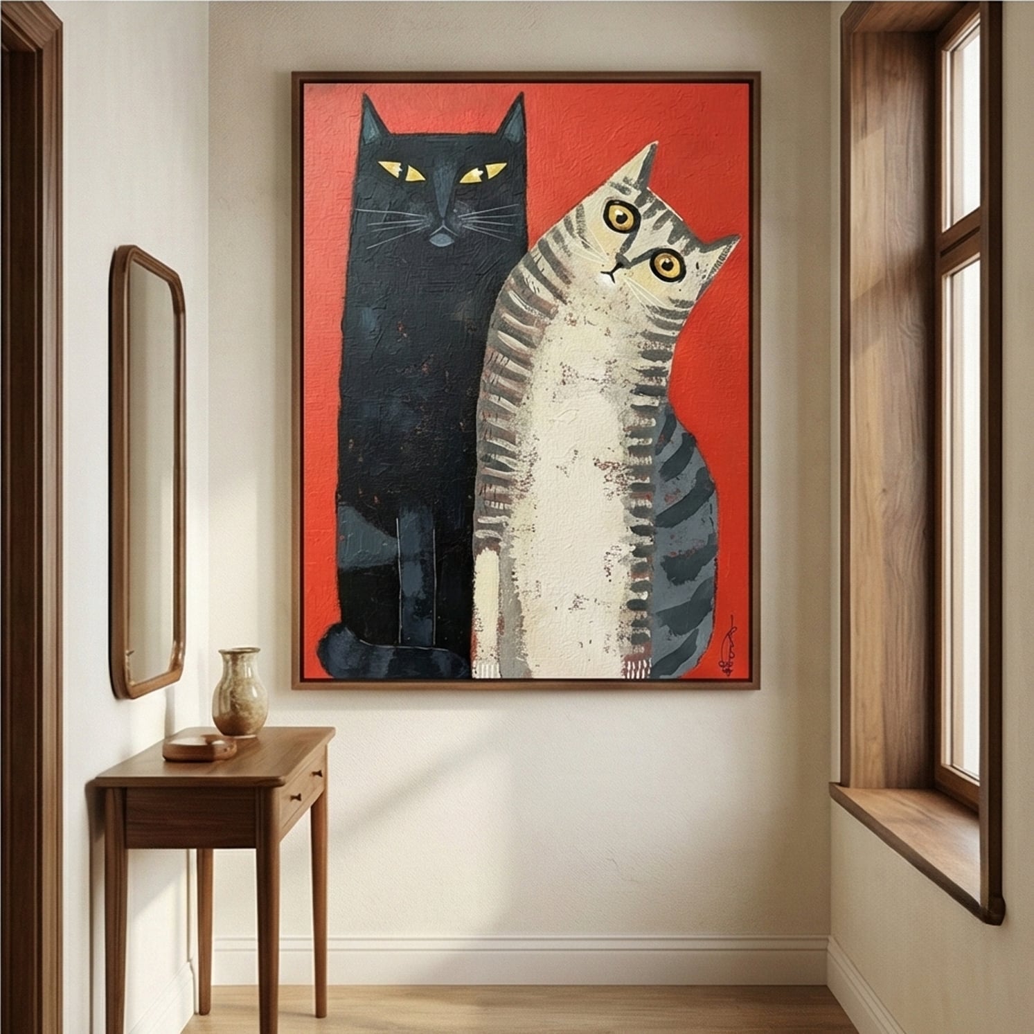 Surreal Art | Red & Cats Duo Whimsical Surreal Wall Art