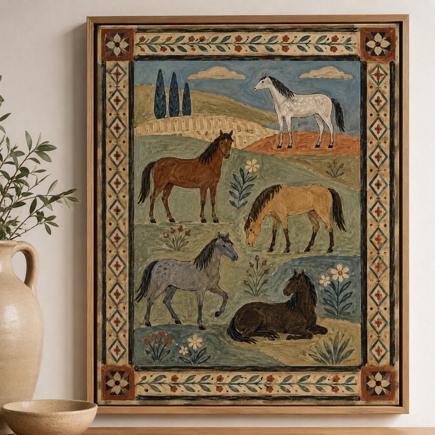 Vintage Americana Art | Five Pasture Horses Western Horse Canvas Wall Art