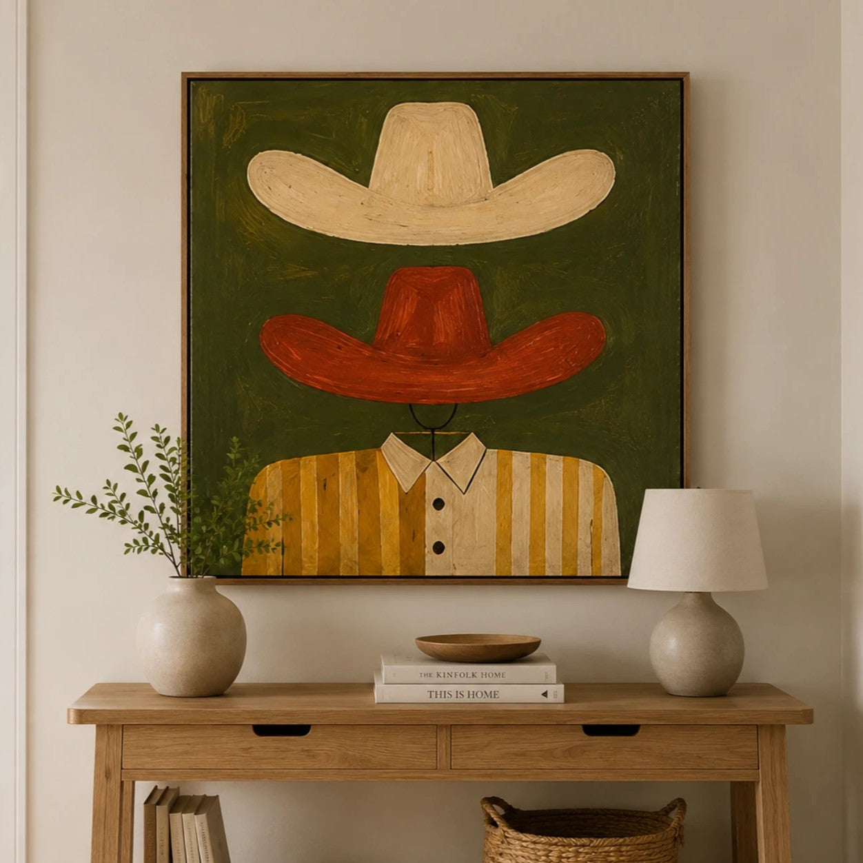 Vintage Americana Art | Dual Cowboy Hats Western Canvas Wall Decor