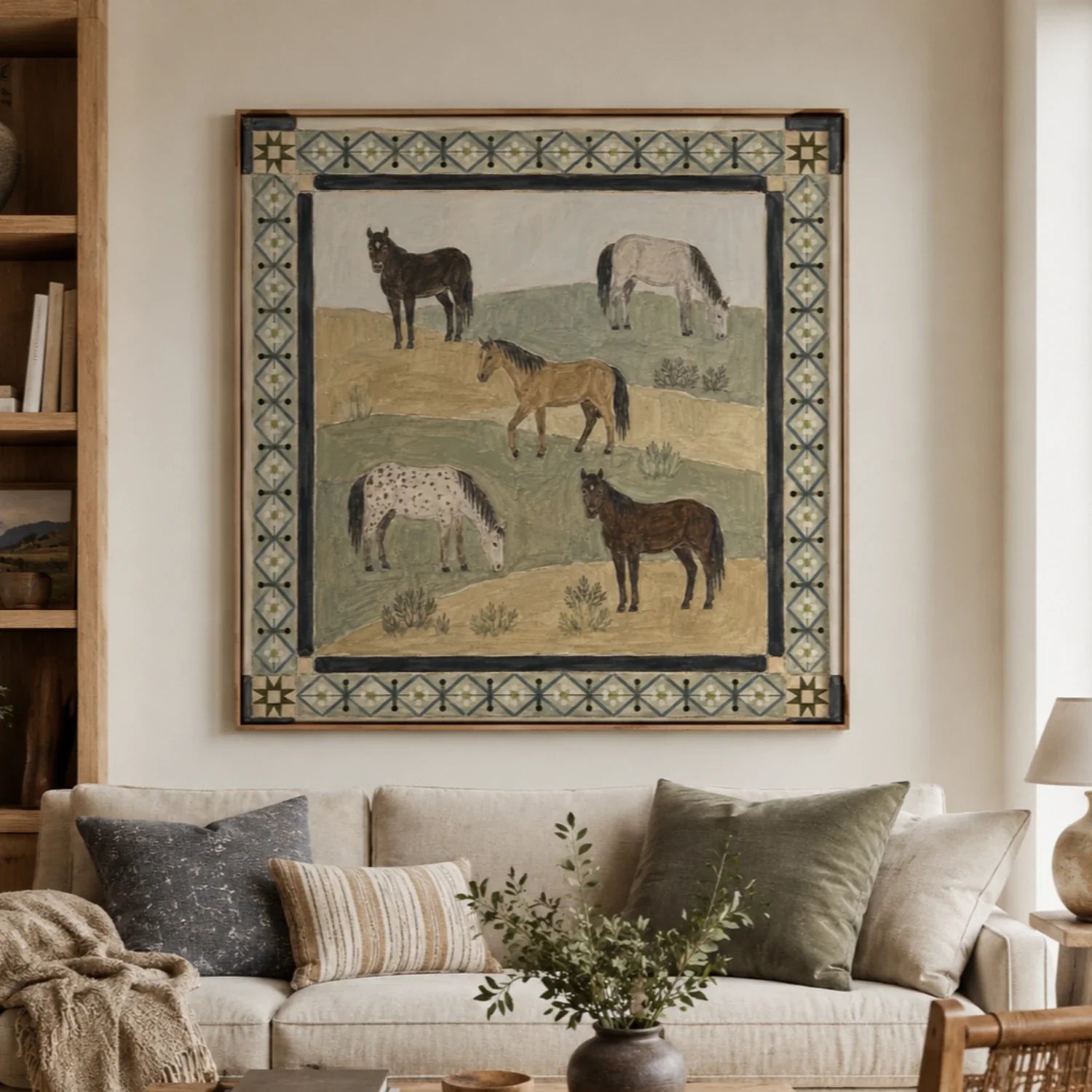 Vintage Americana Art | Prairie Five Horses Western Horse Canvas Wall Art
