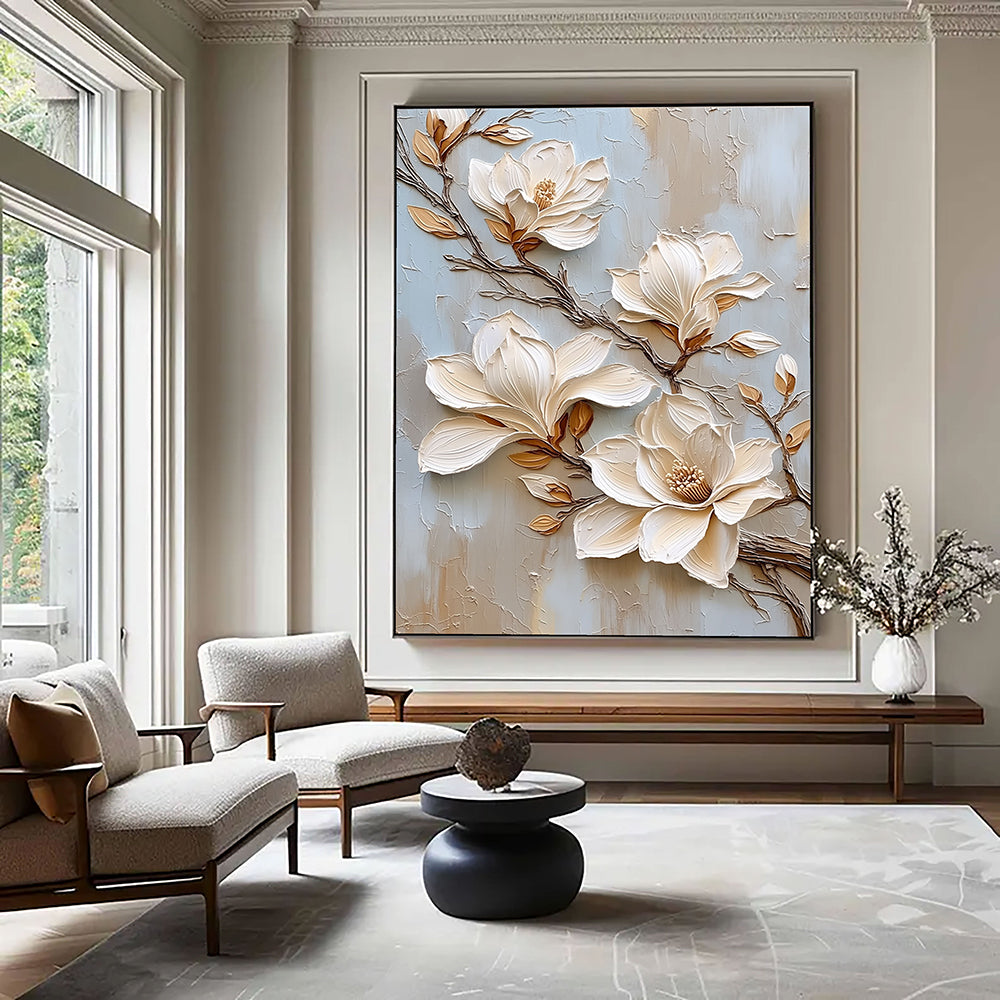 3D-Textured Art | Cream Magnolia Blooms Botanical Textured Wall Art