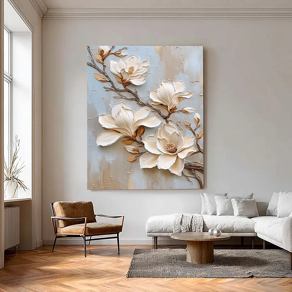 3D-Textured Art | Cream Magnolia Blooms Botanical Textured Wall Art