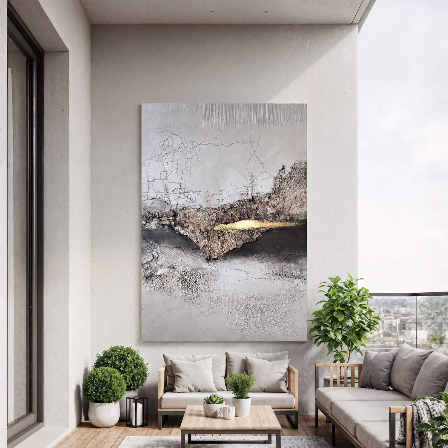 Wabi-Sabi Art | Cracked Gold Accent Weathered Textured Wall Art