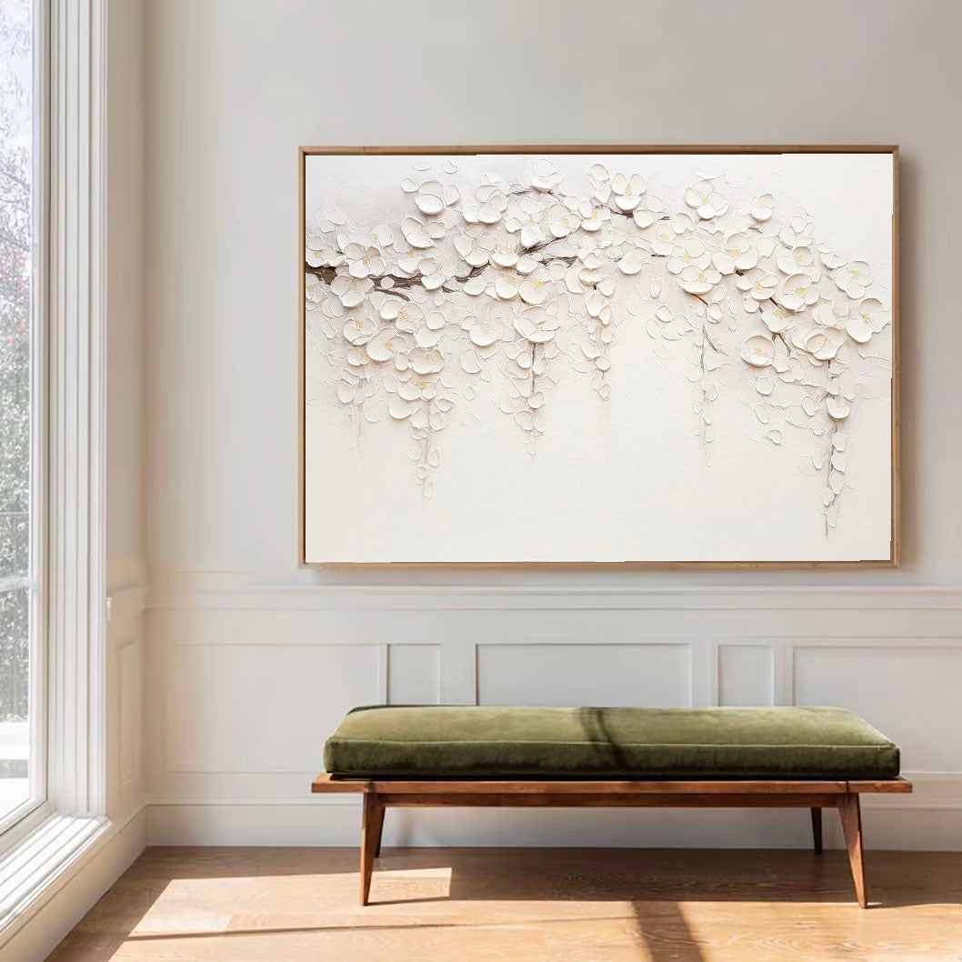3D-Textured Art | White Cascading Blossoms Botanical Textured Wall Art