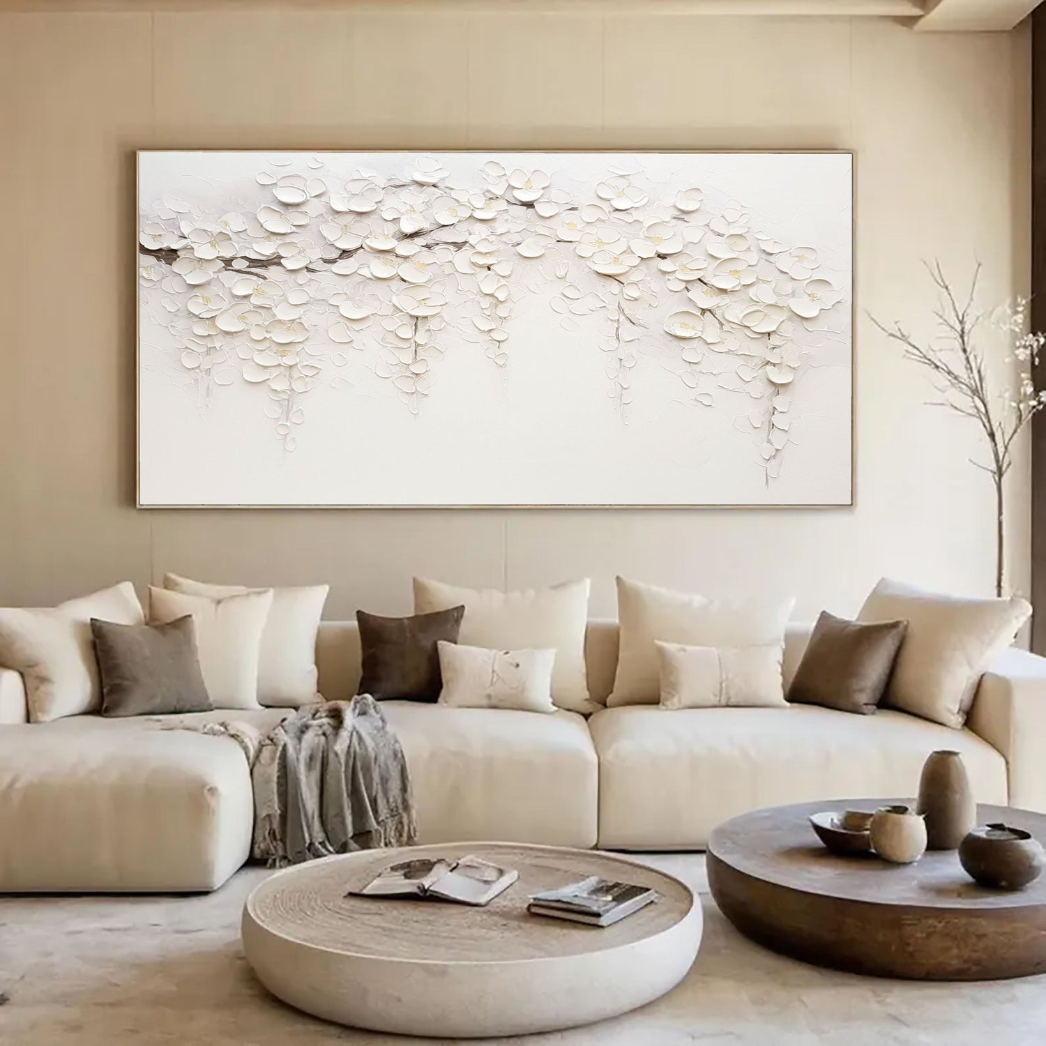 3D-Textured Art | White Cascading Blossoms Botanical Textured Wall Art