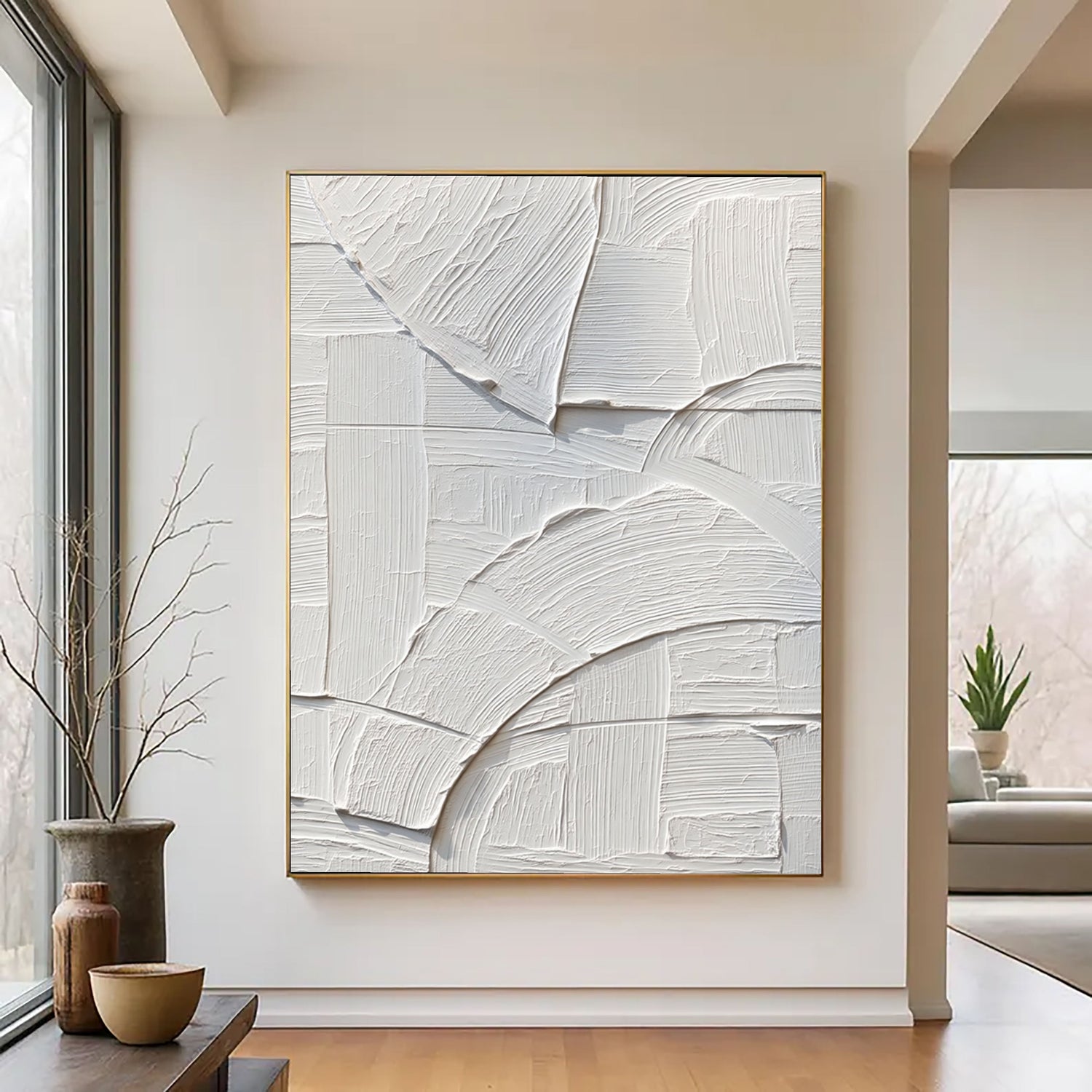 3D-Textured Art | White Geometric Relief Neutral Textured Canvas Wall Art