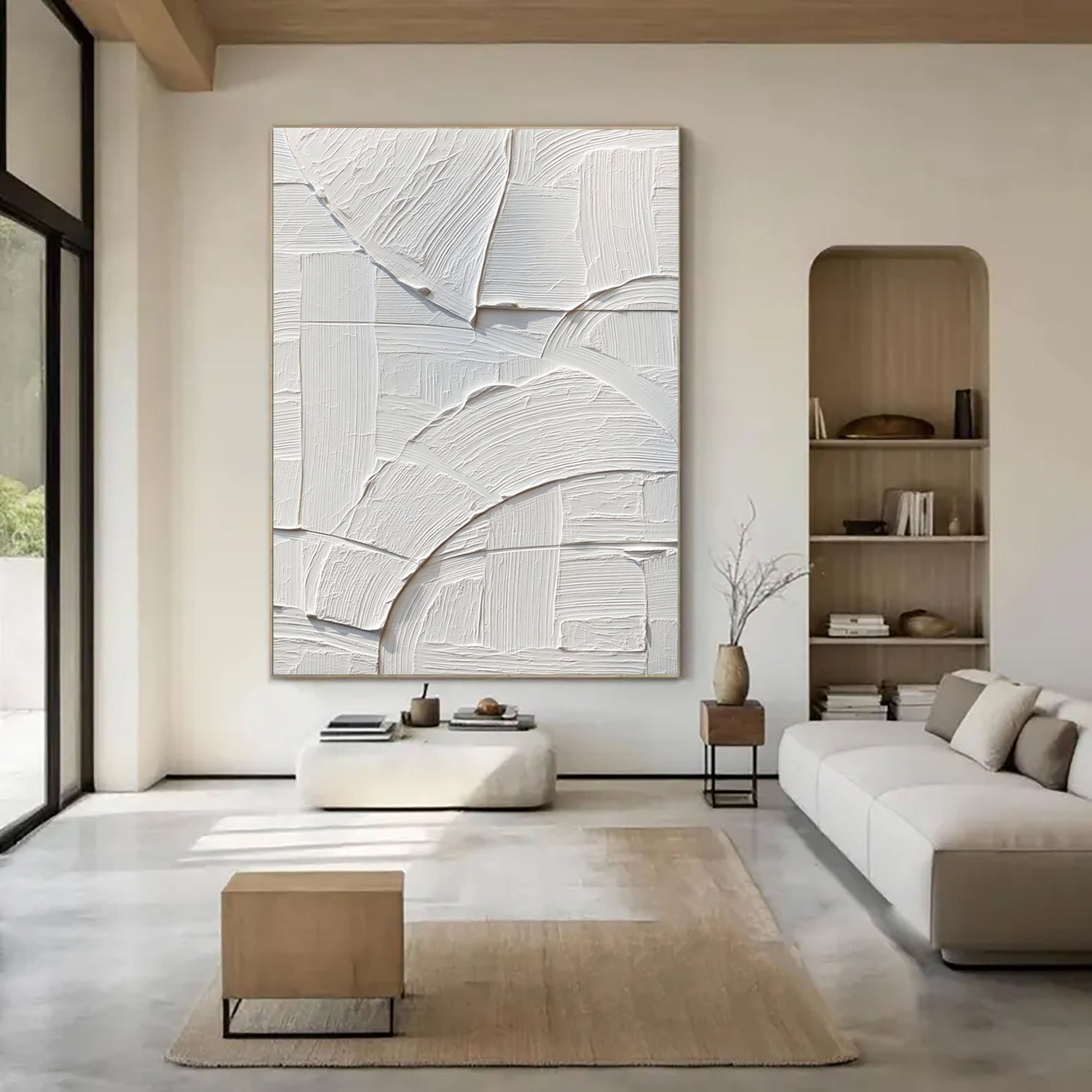 3D-Textured Art | White Geometric Relief Neutral Textured Canvas Wall Art
