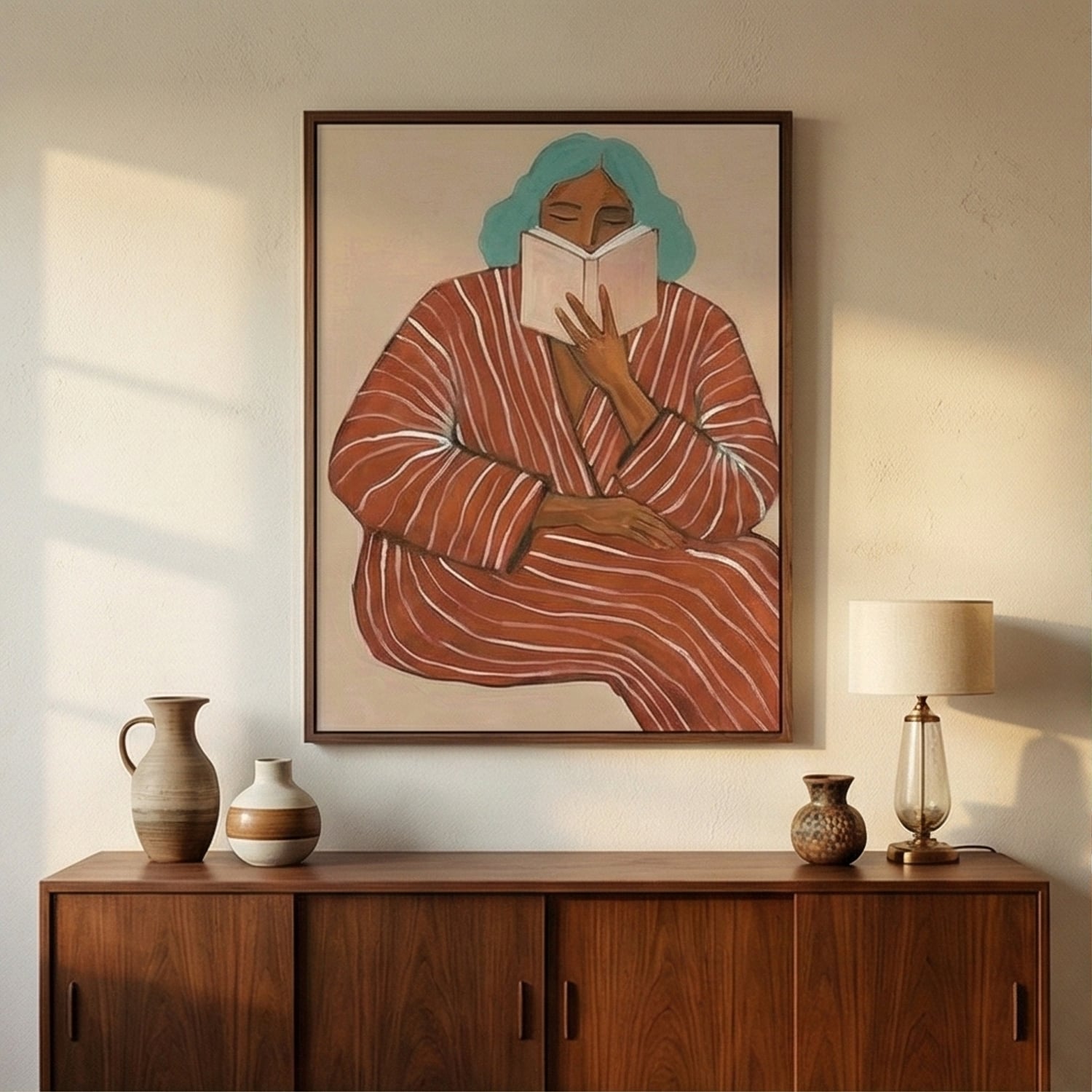 Surreal Art | Cozy-Striped Reader Whimsical Surreal Wall Art