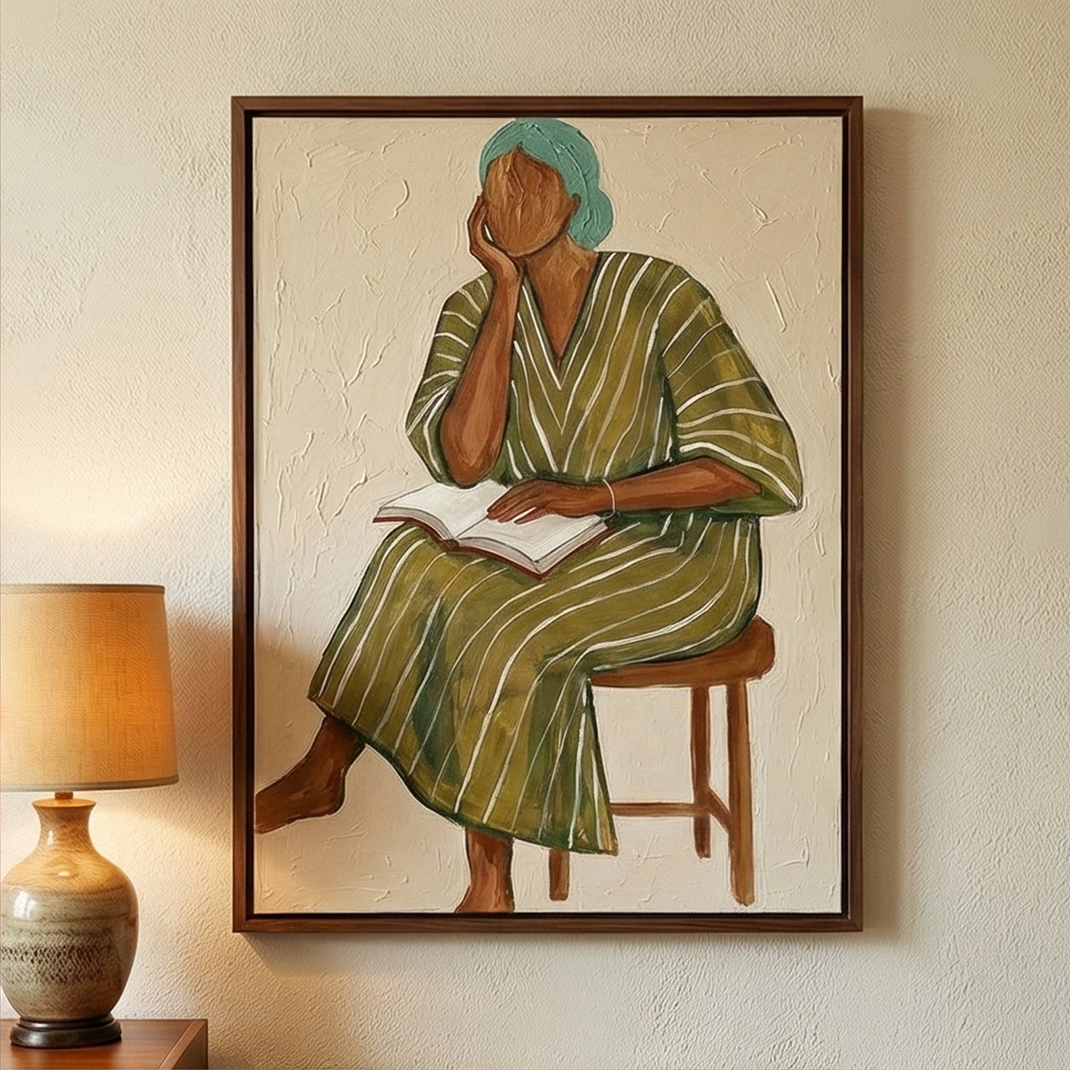 Surreal Art | Cozy-Green Striped Reader Whimsical Surreal Wall Art