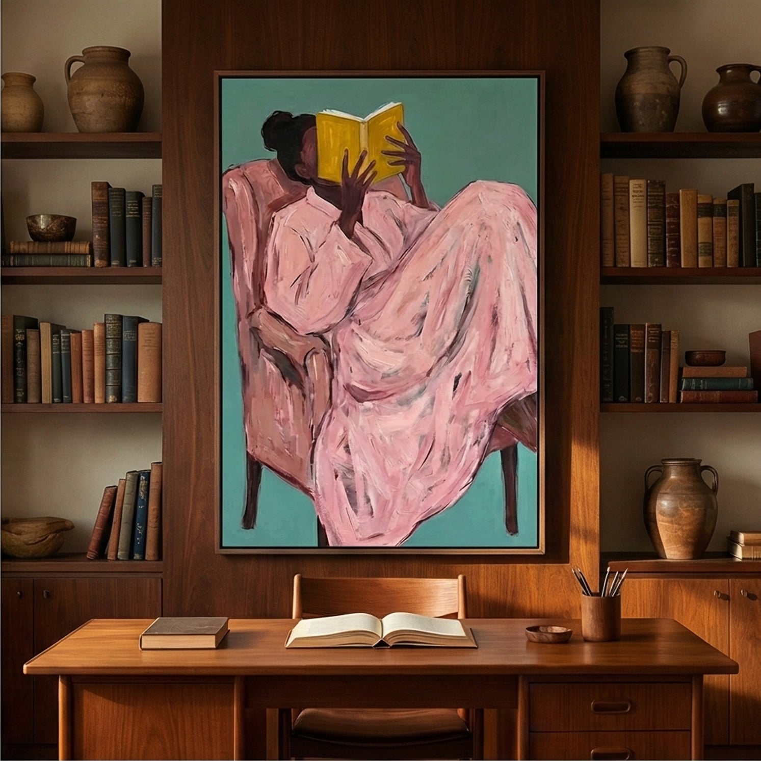 Surreal Art | Cozy-Yellow Book Reader Whimsical Surreal Wall Art