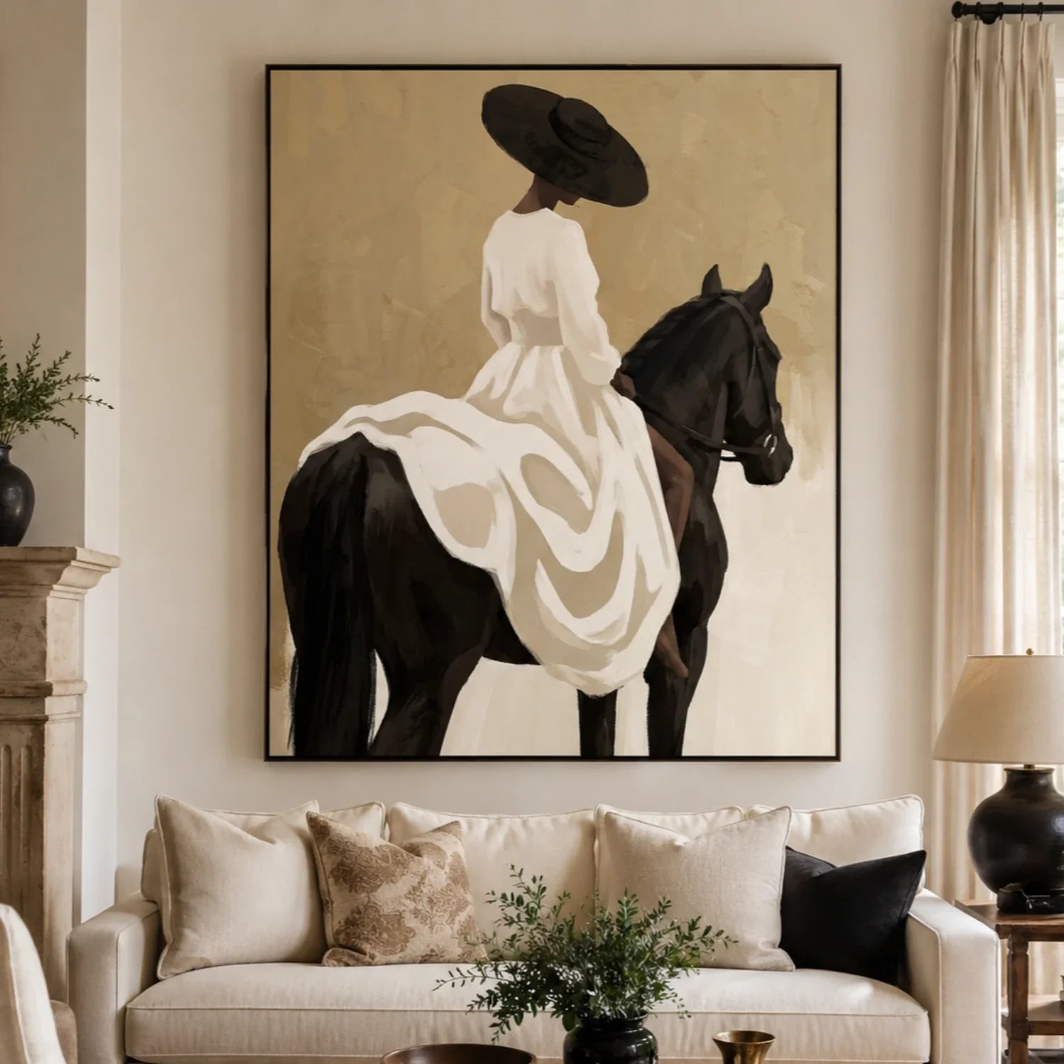 Vintage Americana Art | White Gown Horse Rider Western Horse Canvas Wall Art