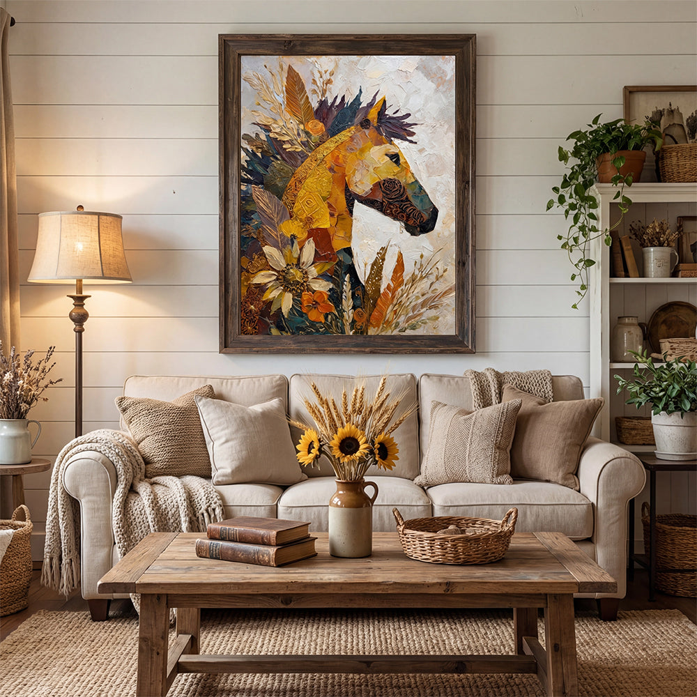 3D-Textured Art | Golden Harvest Horse Modern Textured Wall Art