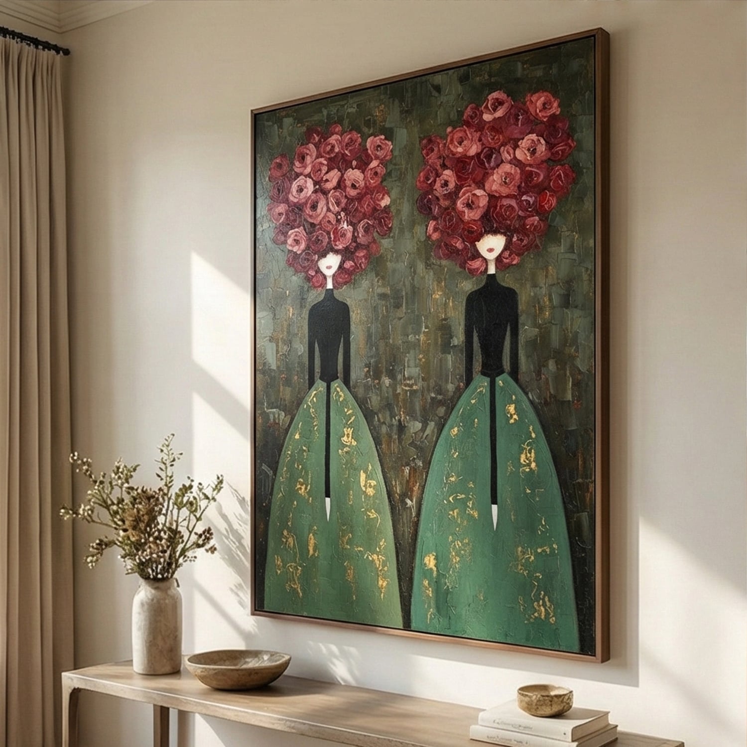 Surreal Art | Crimson Floral Sisters Whimsical Surreal Wall Art
