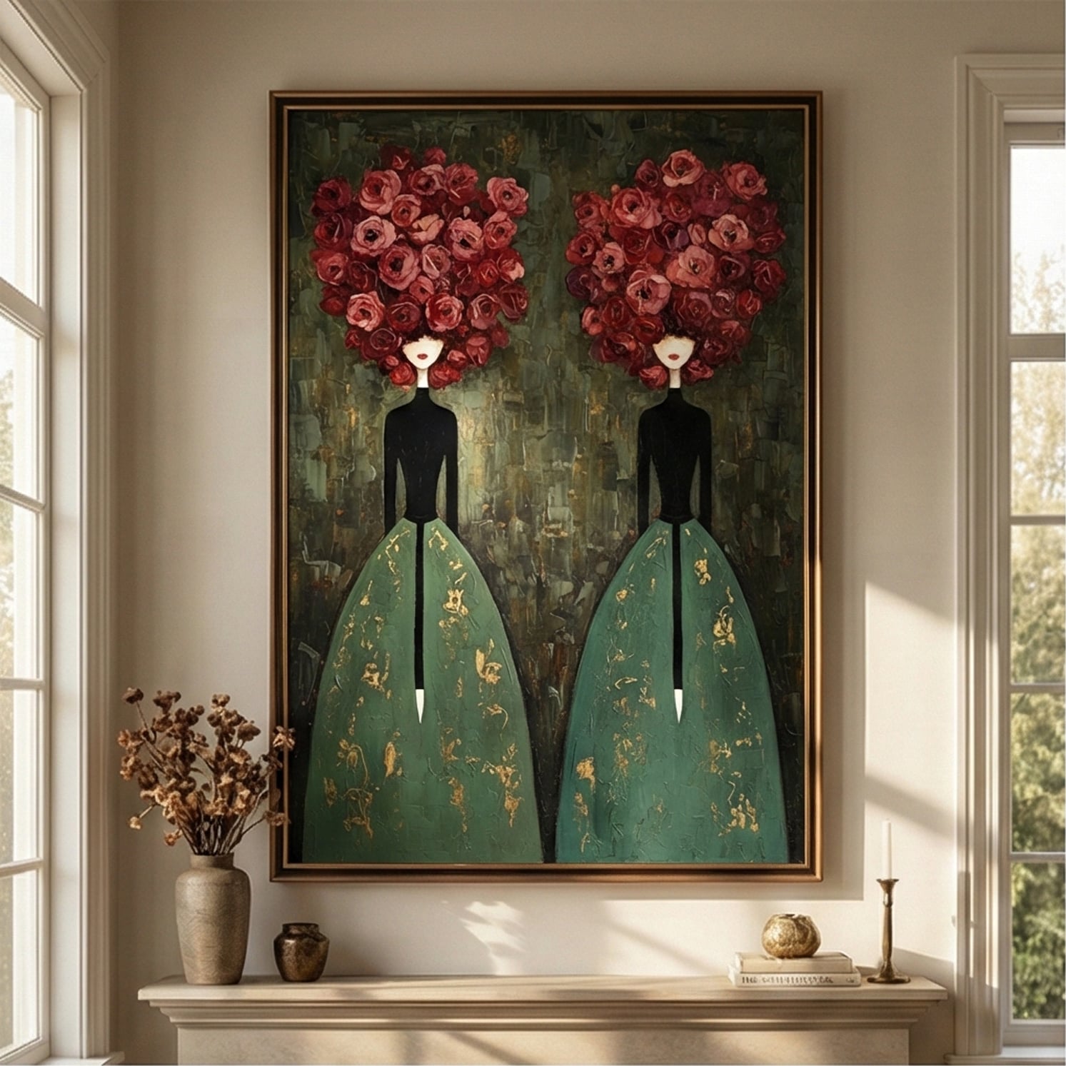 Surreal Art | Crimson Floral Sisters Whimsical Surreal Wall Art