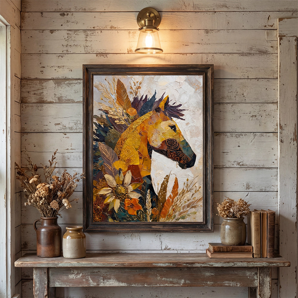 3D-Textured Art | Golden Harvest Horse Modern Textured Wall Art