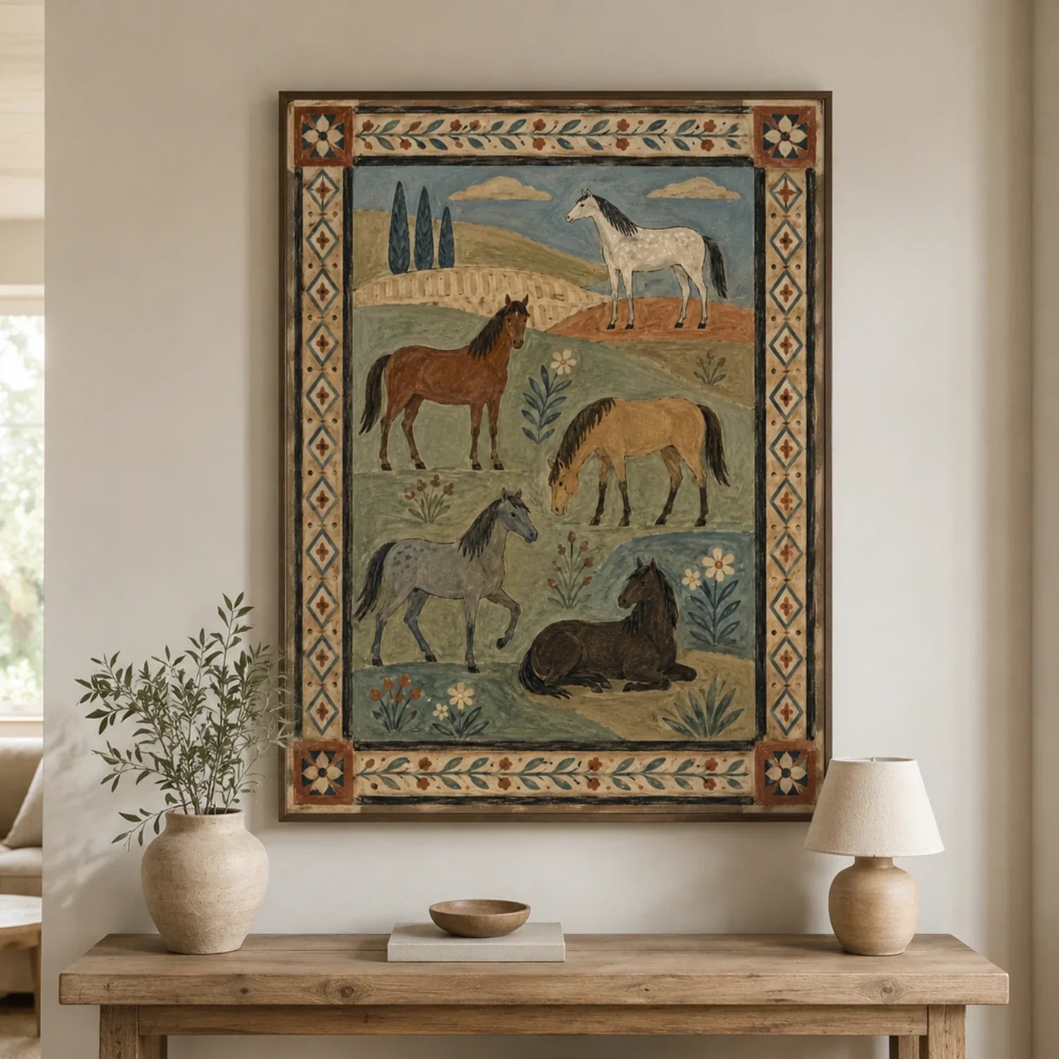 Vintage Americana Art | Five Pasture Horses Western Horse Canvas Wall Art