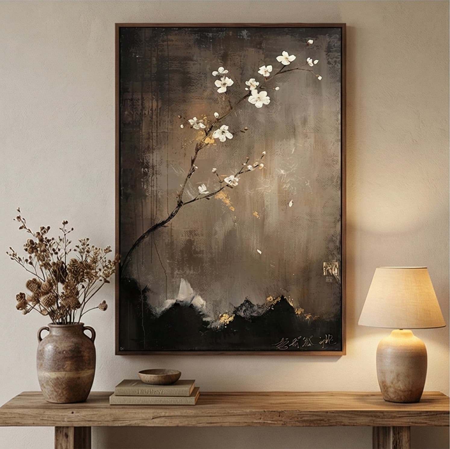 Wabi-Sabi Art | Plum Blossom Elegance Neutral Textured Wall Art
